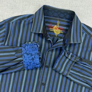 Robert Graham Shirt Men L Blue Black Flip Cuff Classic Stripped Demask Button Up
